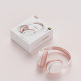 Pink SY-T2 Bluetooth headphones presented with product box and modern aesthetic
