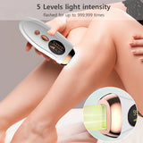 Woman using white IPL hair removal device on legs – 5 adjustable light intensity levels