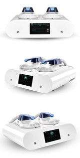 EMS body sculpting slimming machine – front and angled side views showing dual applicators and touch display.