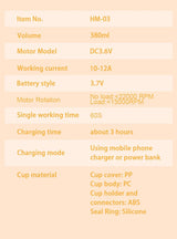 Specification chart for 380 mL portable blender showing 3.7V battery, up to 22000 RPM, 60-second cycle