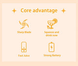 Icons highlighting sharp blades, drink straight from cup, fast juicing, and strong battery
