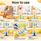 Step-by-step guide showing cut fruit, fill to 80%, add liquid, double-click start, shake, and serve