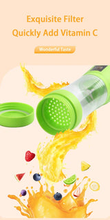 Close-up of removable strainer filter and cup with juice splash and fruit pieces