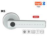 Silver RAYKUBE M5 smart lock with fingerprint reader, touchscreen PIN entry and app access