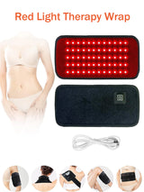 Red light therapy wrap labeled as βRed Light Therapy Wrapβ with usage examples