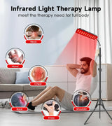 Red light therapy targeting specific body areas such as back, neck, shoulders, chest, and knees for pain relief