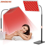 Woman using red light therapy panel on back – 660nm and 850nm LED stand lamp