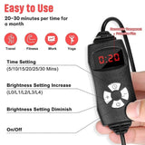 Easy-to-use remote control for infrared light therapy lamp showing time and brightness adjustment options