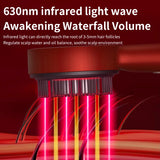 Close-up illustration of scalp massager emitting 630 nm red LED light through comb tips toward hair roots