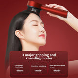 Model using electric scalp massager on head with callouts for three kneading and gripping modes