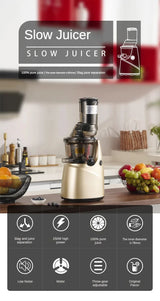 Hero image of the slow juicer with icons for low noise, pure juice, and slag separation.