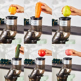 Hands loading whole fruits and veggies into the juicer’s wide feed chute.