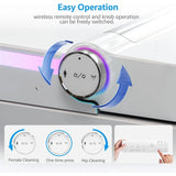 Close-up of smart toilet control knob and wireless remote for bidet and flush functions.