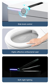 Foot sensor flush control for smart toilet with automatic lid opening.