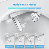 Adjustable bidet nozzle on smart toilet with multiple wash modes and temperature settings.