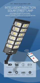 Full view of W789 Solar LED Street Light with remote and labeled features