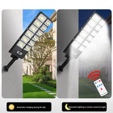 W789 Solar Wall Light – Split view showing day charging and night lighting with remote activation