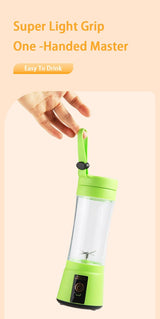 Hand holding green portable USB rechargeable blender by carry strap for one-handed use