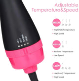 Hair dryer brush showing adjustable heat and speed settings: high, medium, and low for customized styling