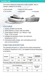 Ultrasound therapy machine features chart showing safe temperature, timing, and intensity modes