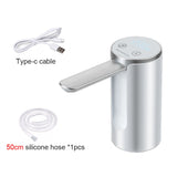 Silver USB electric water pump with LCD screen, 50cm silicone hose, and Type-C charging cable included