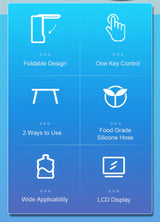 Feature icons – foldable design, one-key control, food-grade hose, LCD screen, desktop/tabletop use