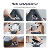 30-head fascia gun application guide showing use on thighs, calf, arms, neck and shoulders, waist and back, and soles of feet.