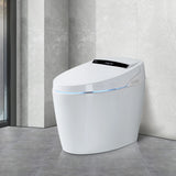 Smart toilet with heated bidet and soft blue ambient light under the lid, closed in a modern bathroom