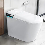 Front left view of compact white smart toilet with soft blue ambient light under the lid