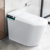 Closed white smart toilet with side control panel and LED accent in a modern bathroom