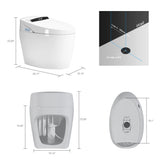 Product dimensions diagram for smart toilet showing 26.77 x 16.14 x 20.08 inches and drain outlet positioning