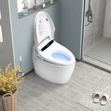 Smart toilet with lid open showing soft blue bowl night light and heated bidet seat