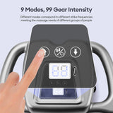 Close-up of fascia gun touch control panel showing 9 modes and 99 gear intensity for personalized deep tissue massage.