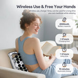 Wireless fascia gun in use on the back—2000mAh battery, ≈2 hours use time, ≥2 hours charge time, 10-minute auto timing.