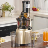 Slow masticating juicer on a kitchen counter with matching juice and pulp containers.