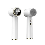 Front and back view of white ultrasonic face cleansing brush with LED display and gold buttons