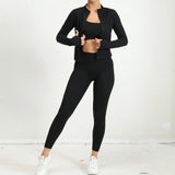 Black yoga set with open zip jacket and matching leggings, sporty front pose.