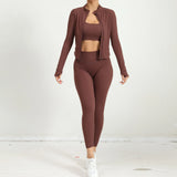 Brown yoga outfit with open jacket revealing matching crop top and high-waist leggings, athletic front pose.