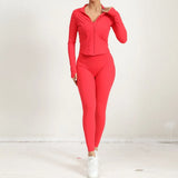 Woman wearing red 2-piece yoga set with zip jacket and high-waist leggings, front view.