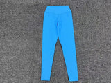 Blue high-waist leggings flat lay on gray background, part of women’s yoga outfit set.