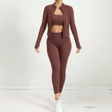 Brown yoga outfit with open zip jacket and matching high-waist leggings, front view.