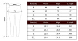 Size chart showing women’s high-waist leggings measurements in cm and inches.