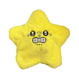 Front view of grinning yellow star plush toy with embroidered angry expression