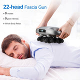 Person receiving back massage with 22-head fascia gun; handheld device delivers whole-body relaxation with adjustable intensity and 9 modes.