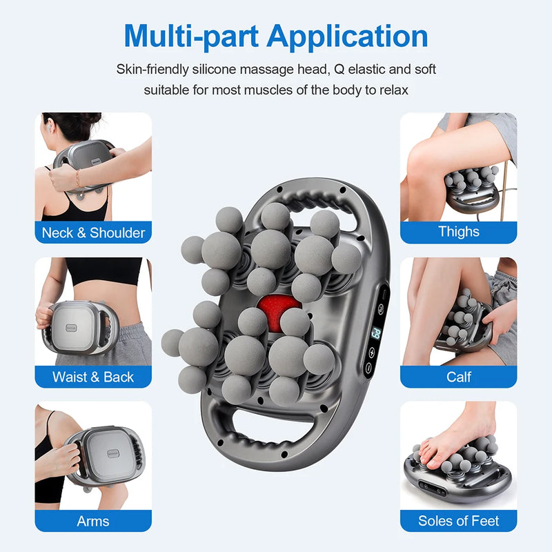 Multi-part application of the 22-head fascia gun for neck, shoulders, waist, back, arms, thighs, calves and soles; soft silicone heads relax multiple muscle groups.