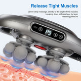 Close-up of fascia massage gun with digital display releasing tight muscles through 30 mm deep-tissue kneading to help ease stiffness and pressure.
