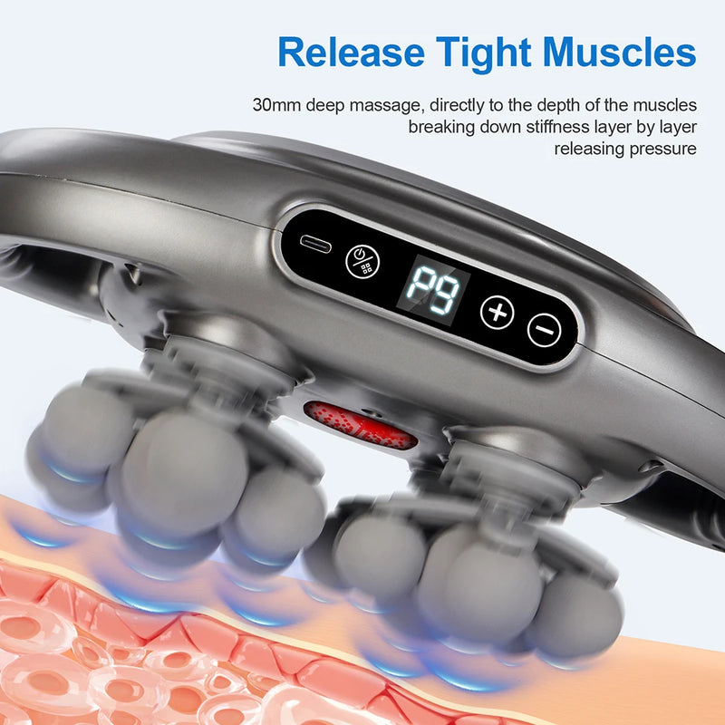 Close-up of fascia massage gun with digital display releasing tight muscles through 30 mm deep-tissue kneading to help ease stiffness and pressure.