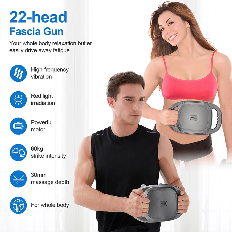 Features overview of the 22-head fascia massager—high-frequency vibration, red-light warming, powerful motor, 60 kg strike force, 30 mm depth, full-body use.