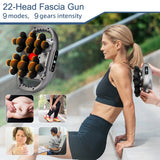 22-head fascia massage gun with 9 modes and 9 intensity levels shown near athlete; high-frequency vibration device for whole-body muscle relaxation.