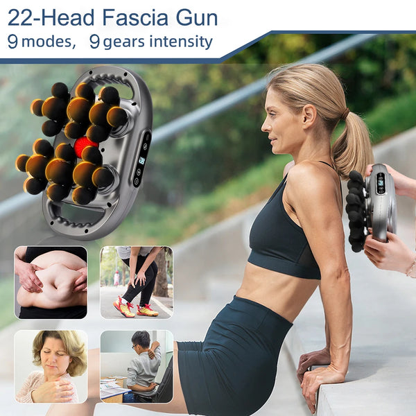 22-head fascia massage gun with 9 modes and 9 intensity levels shown near athlete; high-frequency vibration device for whole-body muscle relaxation.